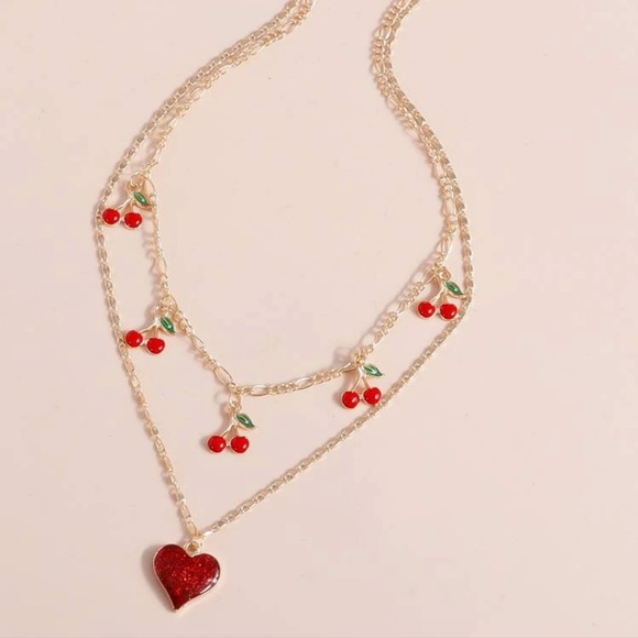 🍒 Lovely Double Layered Cherry Fruit Glitter Heart Necklace ❤️ - Picture 2 of 5